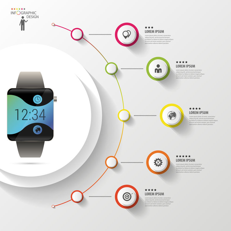 信息图表-智能手表-商业理念-带图标的彩色圆圈-矢量图示