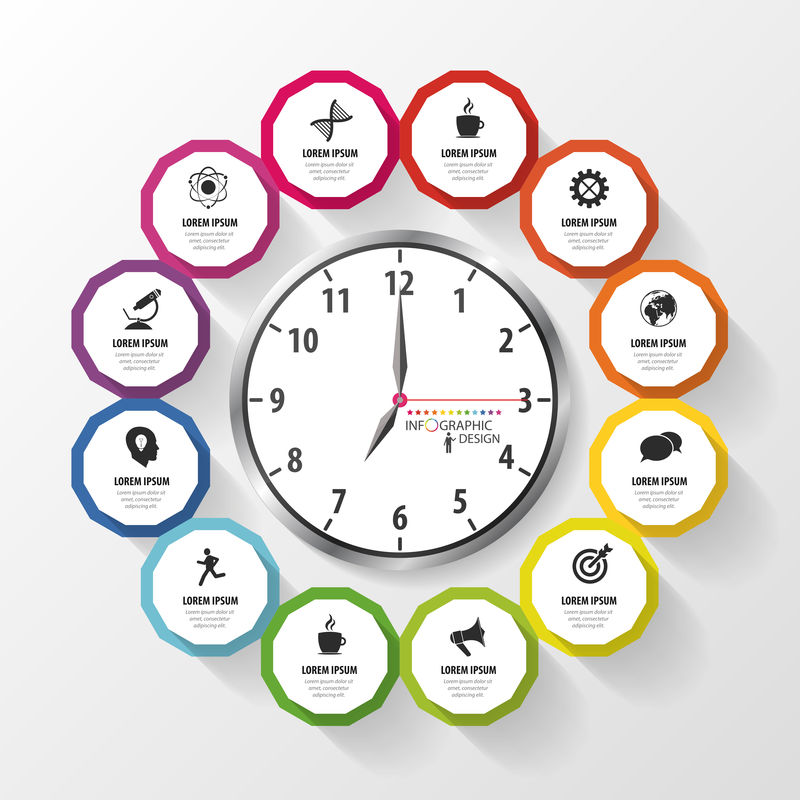 信息图形设计模板-商业计划-现代时钟-矢量