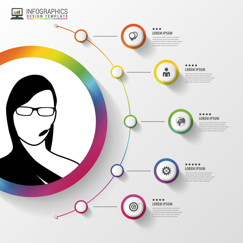 信息图形设计模板-戴耳机的女人-带图标的彩色圆圈-矢量图示