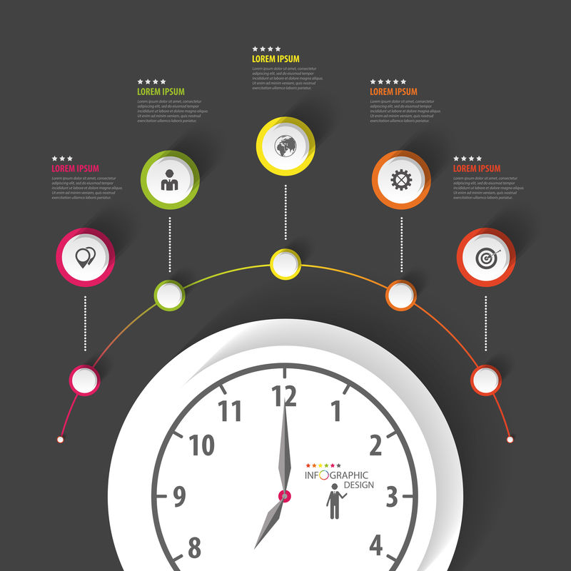 信息图表-商业时钟-带图标的彩色圆圈-矢量
