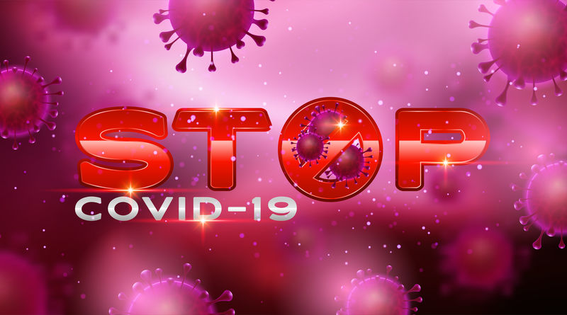 亚洲流感爆发的背景和冠状病毒流感的概念。红色“停止COVID-19”字母并签署COVID-19病毒警告。矢量图示