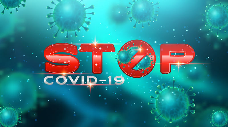 亚洲流感爆发的背景和冠状病毒流感的概念。红色“停止COVID-19”字母并签署COVID-19病毒警告。矢量图示