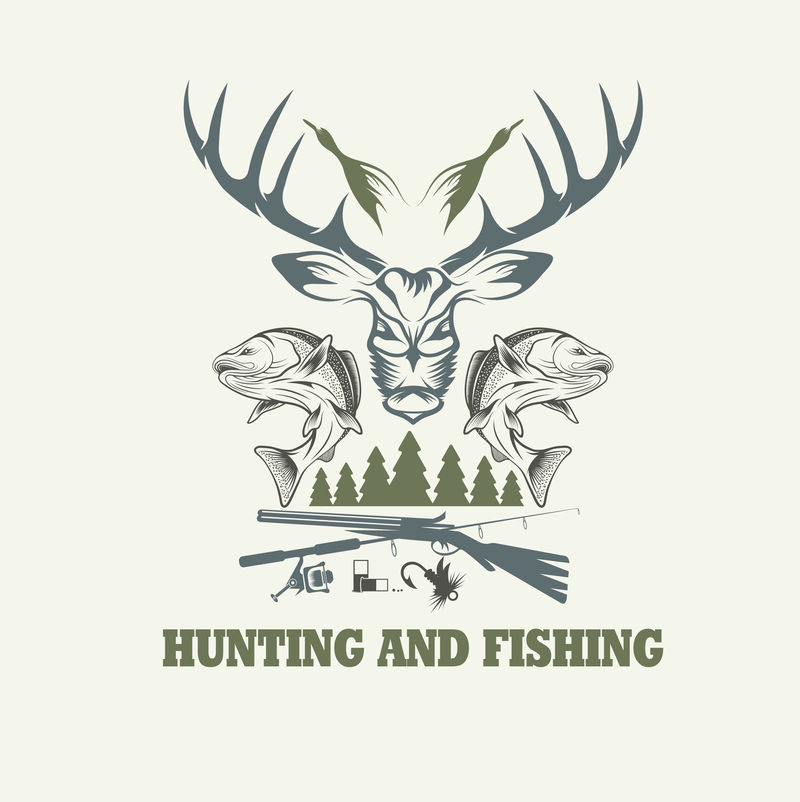 狩猎和捕鱼古董徽章矢量设计模板