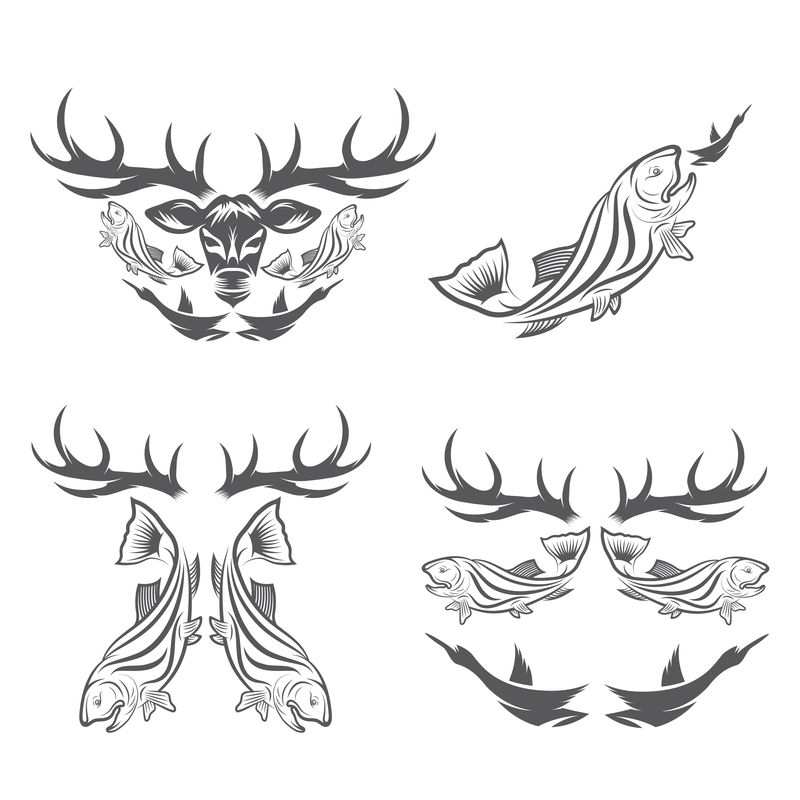一套复古狩猎和捕鱼标签和设计元素