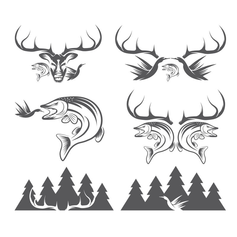 一套复古狩猎和捕鱼标签和设计元素