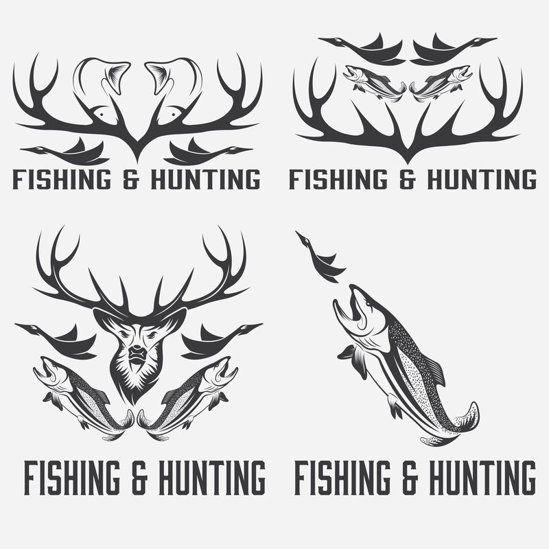 一套复古狩猎和捕鱼标签和设计元素