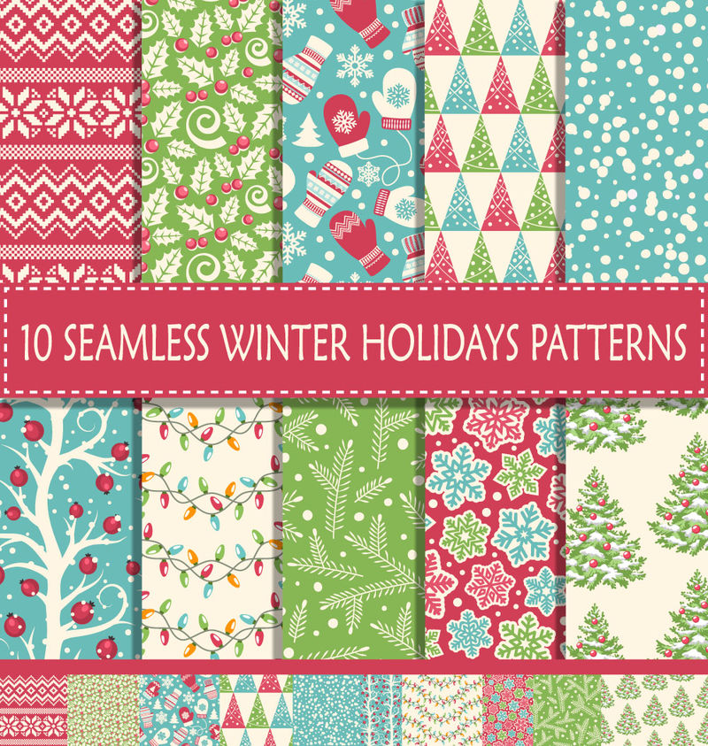 10套无缝明亮有趣的圣诞节-寒假图案