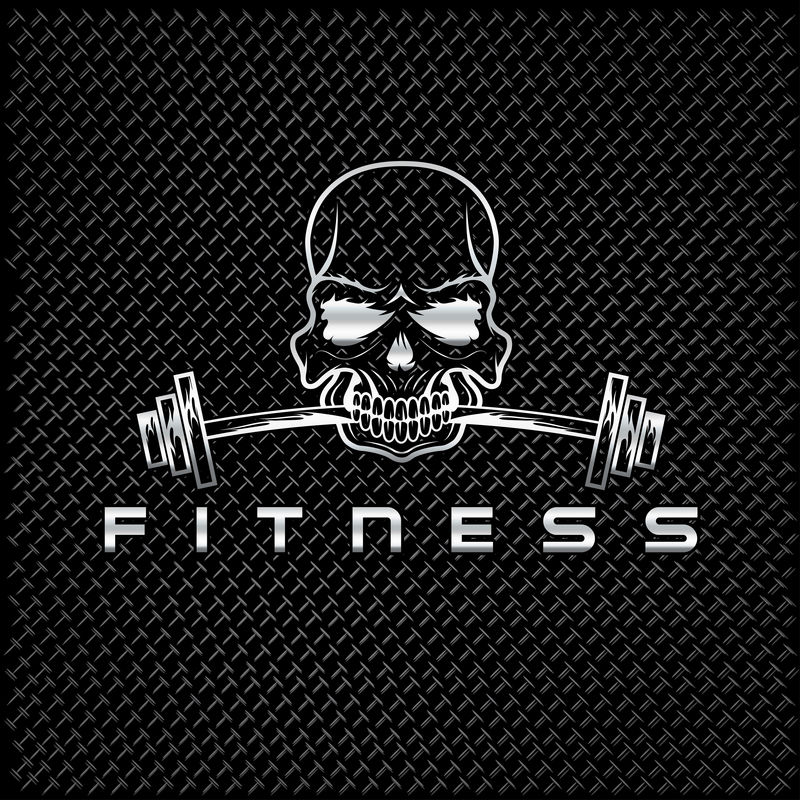 银色头骨，牙齿上有杠铃