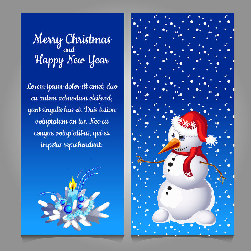 蓝色雪地上戴着红帽子的雪人