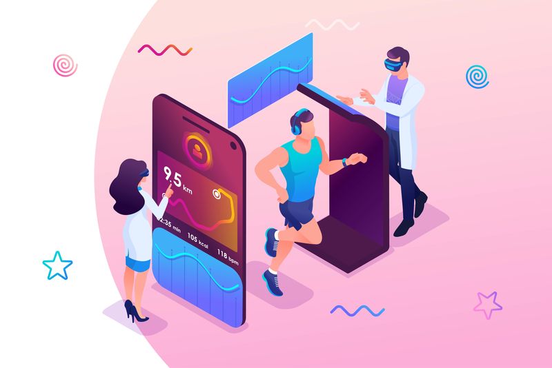 等距概念科学家正在测试一个移动应用程序来跟踪运动员的训练。运动员在训练中跑步。网页设计概念