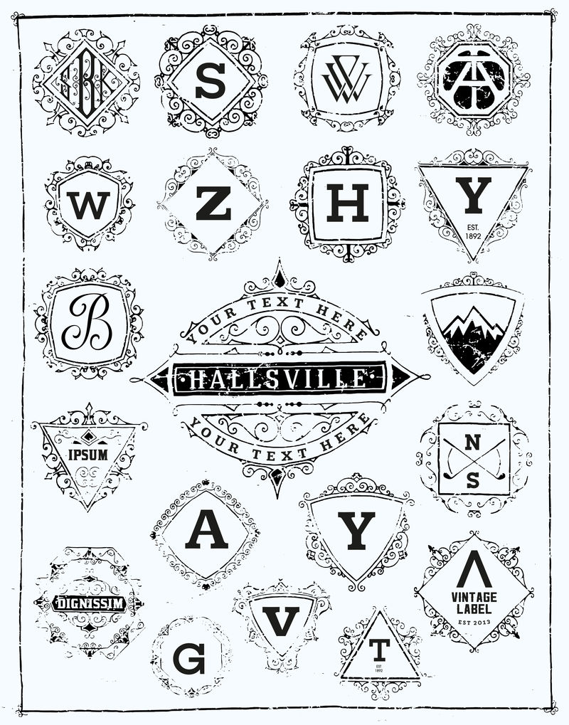 一套肮脏的花押字和标志。分层向量