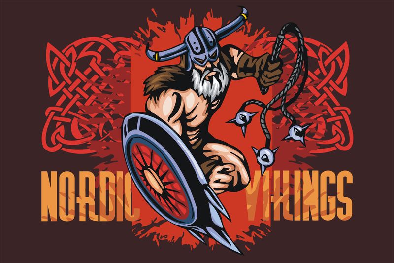 北欧海盗吉祥物卡通与棍棒和盾牌