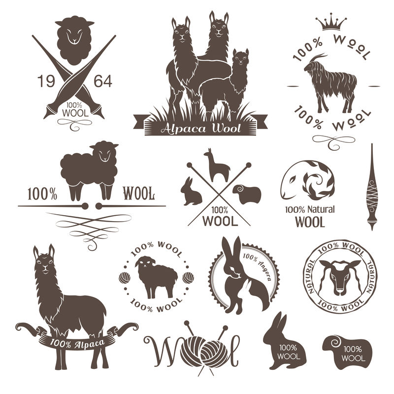 羊毛标签、标志和设计元素。羊标志套装，阿尔卑斯山羊驼