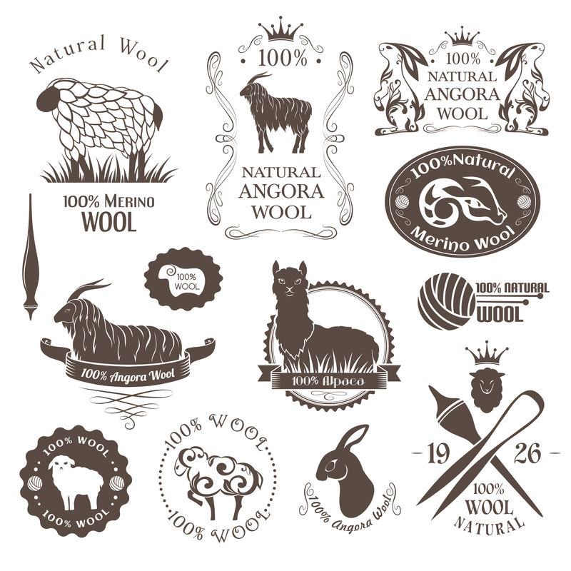 羊毛标签和元素。绵羊、羊驼、兔子和