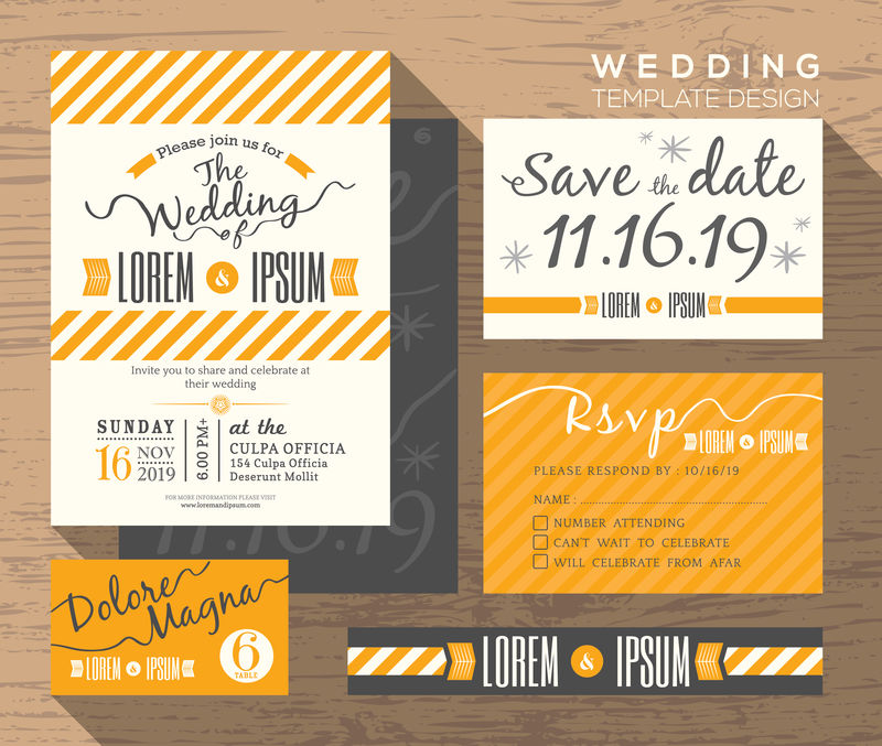 现代黄条纹结婚请柬套装设计模板
