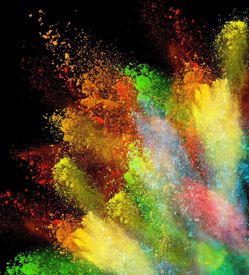 黑色背景下的七彩粉末爆炸抓拍