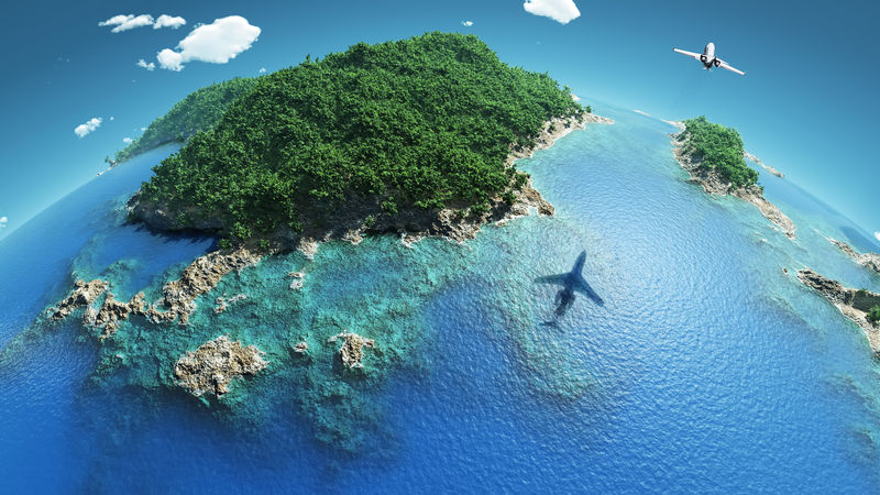 飞机飞越热带岛屿