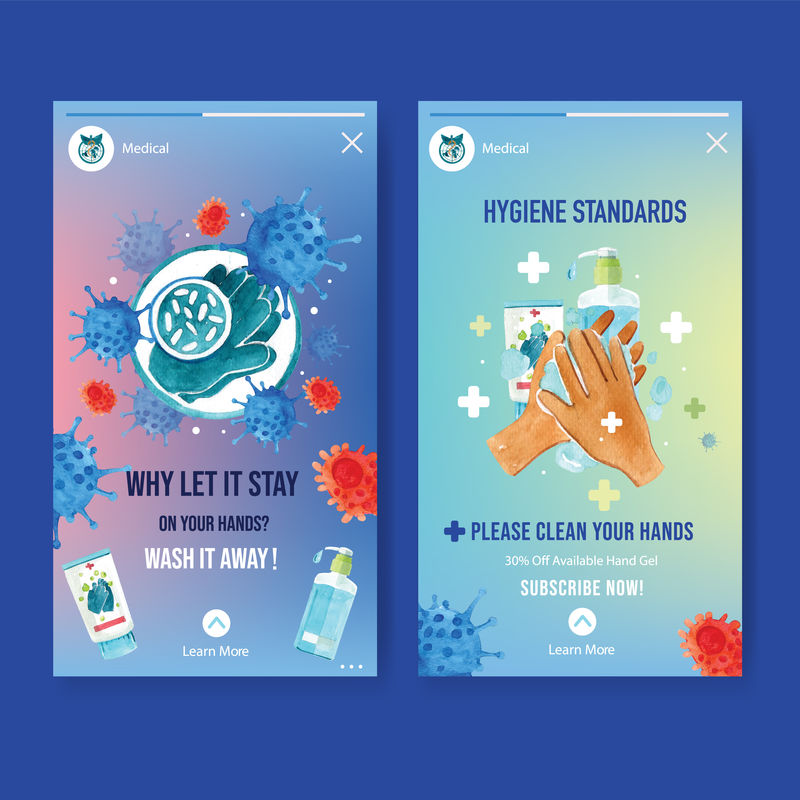 搞笑故事广告与水彩画的手,酒精凝胶病