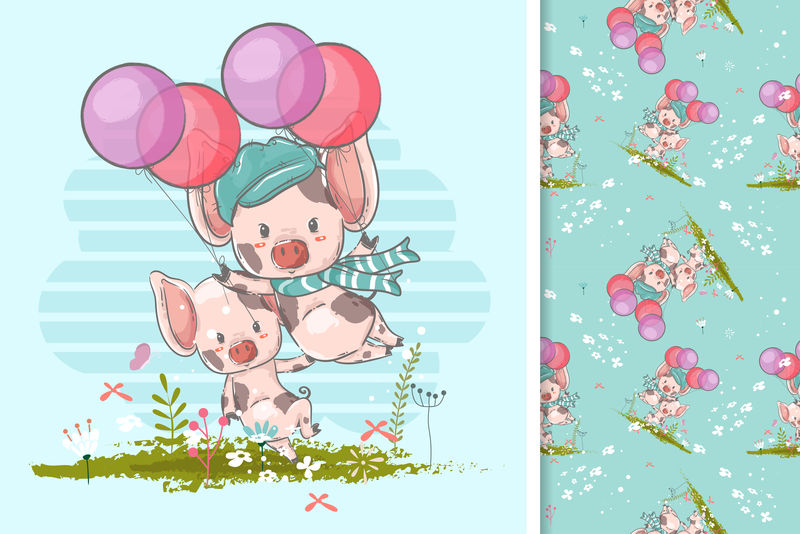 手绘两只气球小猪