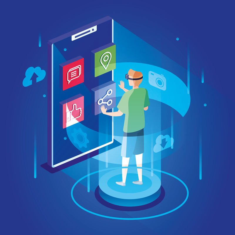 戴着增强现实眼镜和智能手机的男人