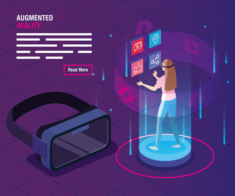 戴着增强现实眼镜和智能手机的女人