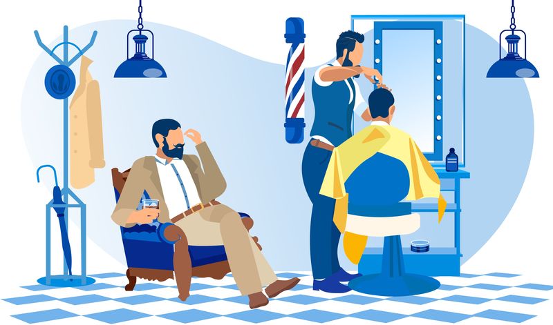 西装革履的顾客在理发店等他