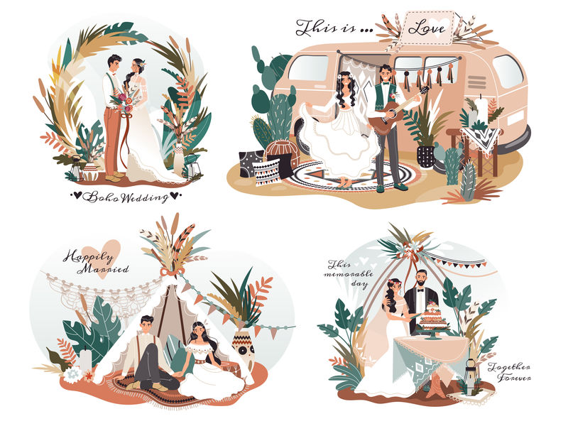 波西米亚式婚礼，浪漫情侣卡通人物，矢量插图