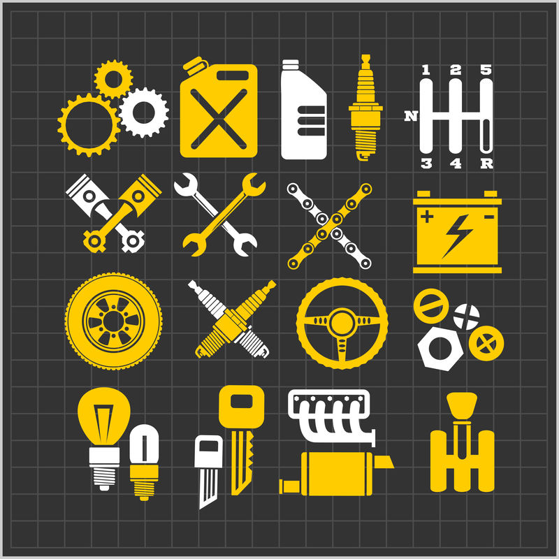 汽车零件图标设置在深色背景上。矢量股票。