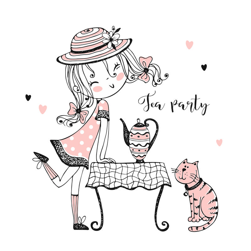 一个戴帽子的可爱女孩邀请你和她的猫一起喝茶。矢量