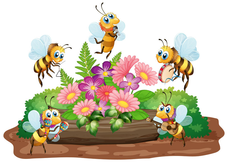 白色背景下蜜蜂飞舞的花园场景素材 高清图片 摄影照片 寻图免费打包下载