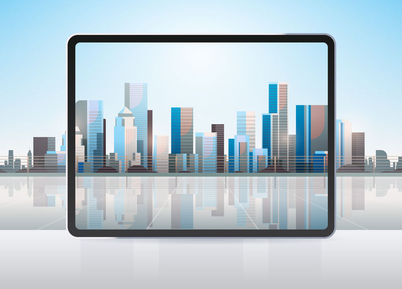 透明平板电脑屏幕城市景观背景逼真小工具和设备概念