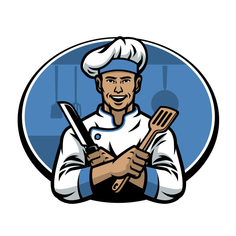 厨师拿着刀和抹刀在厨房摆姿势