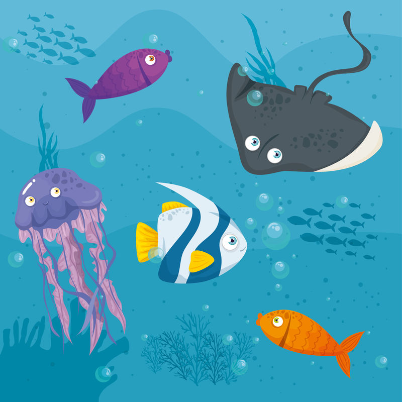 海洋中的黄貂鱼动物，与可爱的水下生物，栖息地海洋