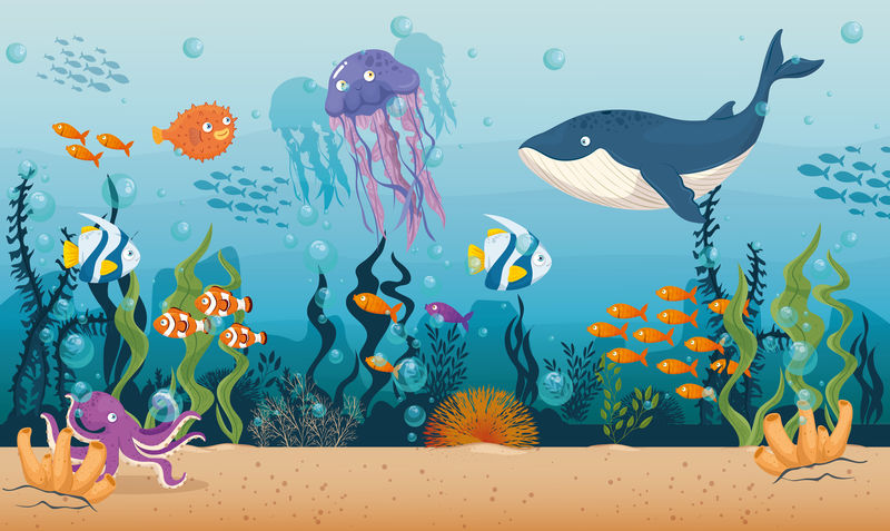 海洋鱼类和野生海洋动物蓝鲸，海洋世界居民，可爱的水下生物，栖息地海洋概念