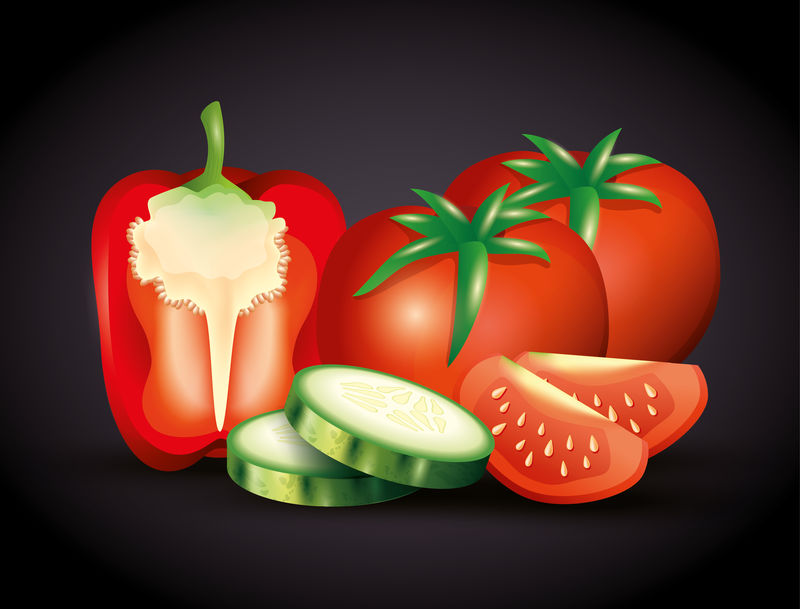 新鲜红辣椒、西红柿、黄瓜片、有机蔬菜