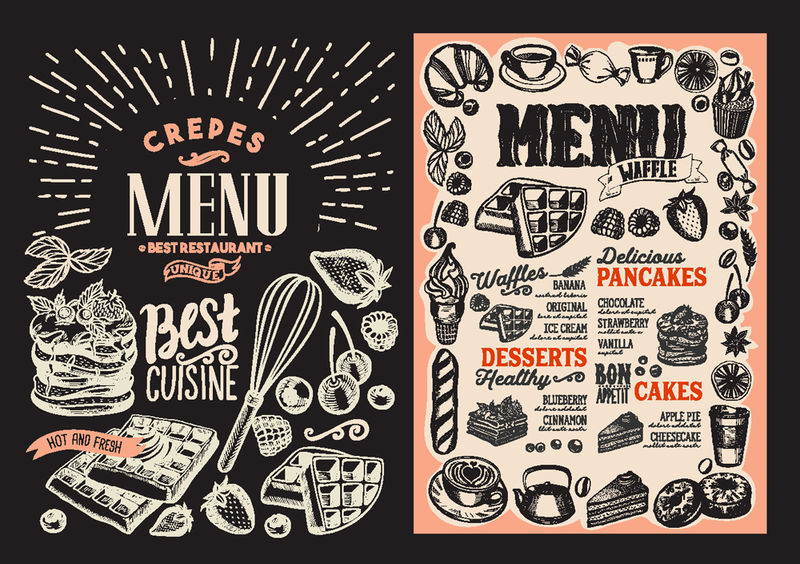 手绘框架餐厅华夫饼和薄饼菜单