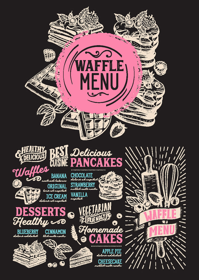 手绘框架餐厅华夫饼和薄饼菜单