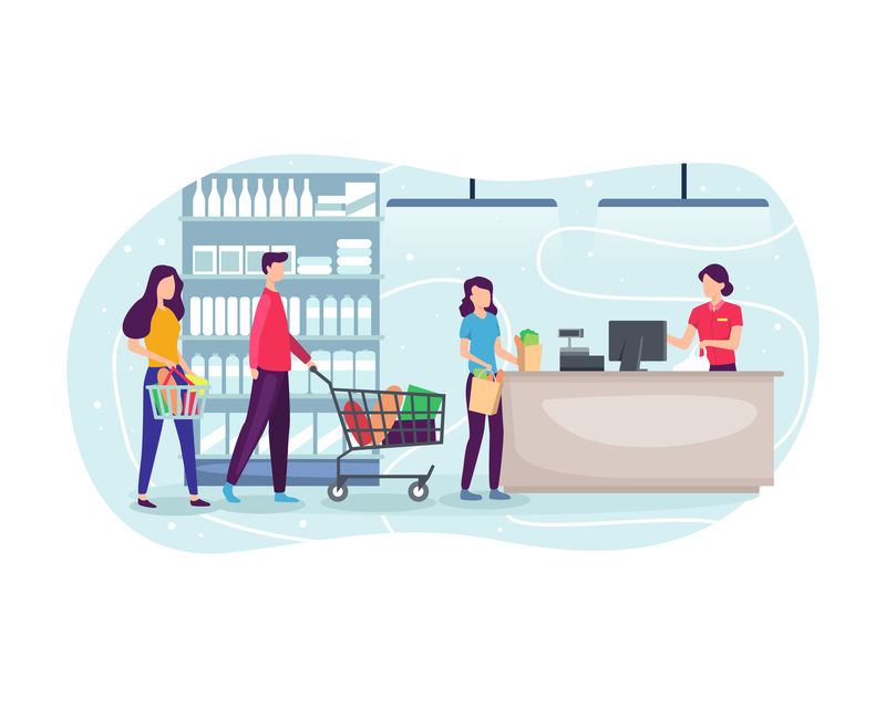 人们在超市购物和购买产品