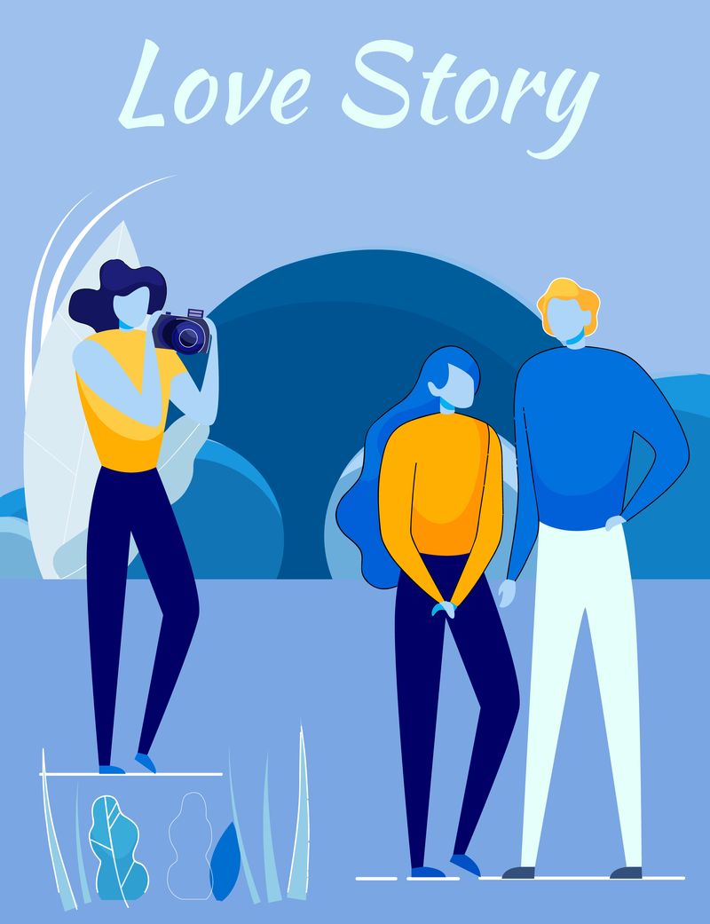 爱情故事电影拍摄-情侣和摄影师。