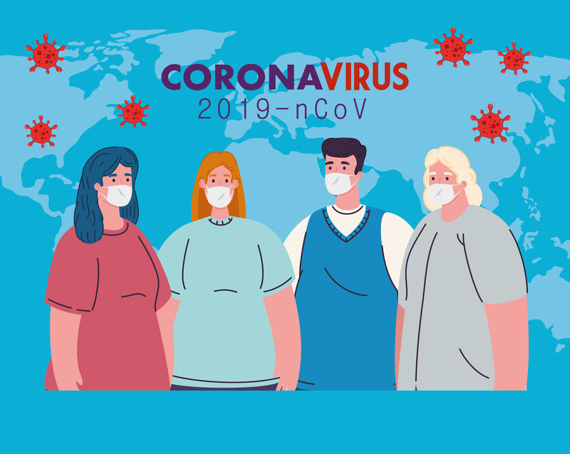 带医用口罩的男女与世界地图矢量设计