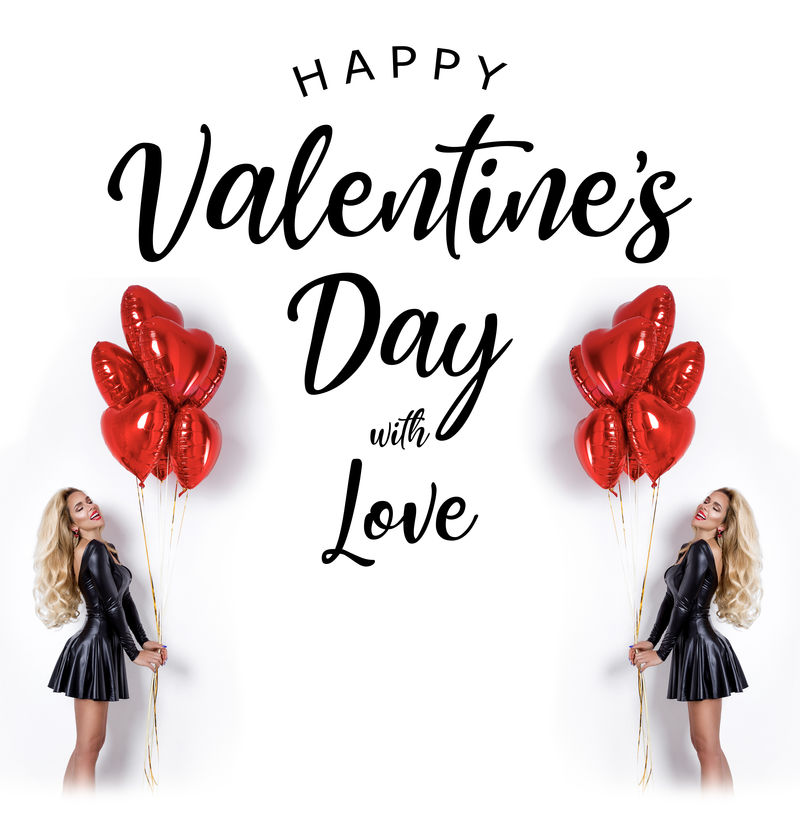 情人节美女，白色背景上孤立的红色气球。美丽快乐的年轻女子展示产品。假日聚会，生日。快乐模特-形象