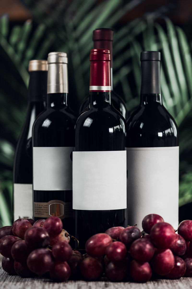 一瓶瓶红酒和葡萄