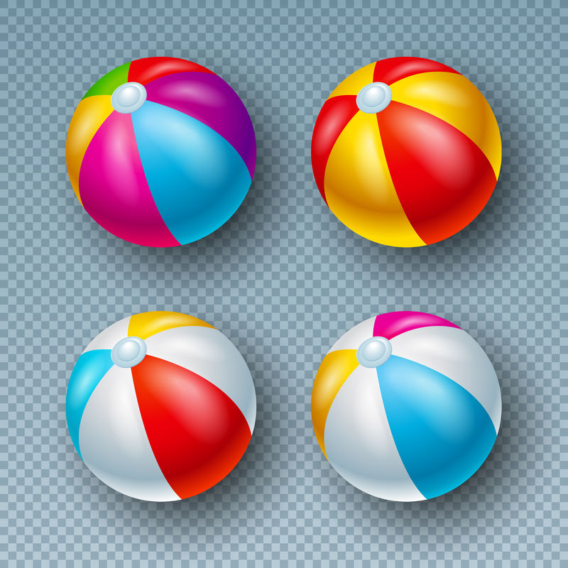 矢量插图与彩色沙滩球收集孤立在透明背景。Vector假日设计元素，带有充气沙滩球，可用于横幅、传单、请柬、宣传册、派对海报或贺卡。