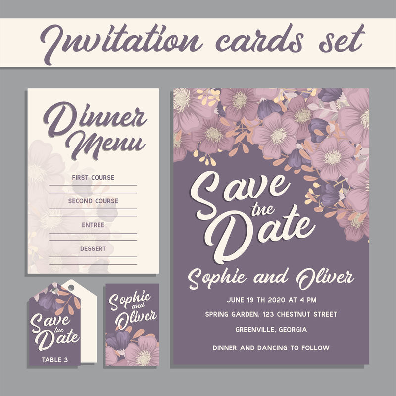 带有花模板的婚礼请柬套装。