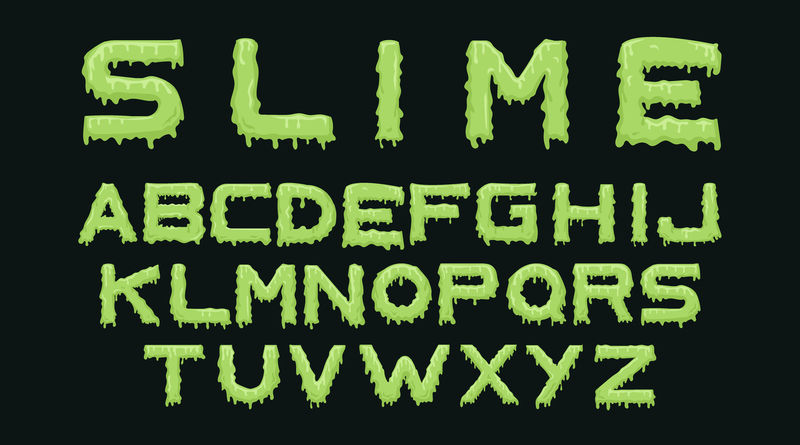 粘液字体。带有绿色流滴和粘液的字母表