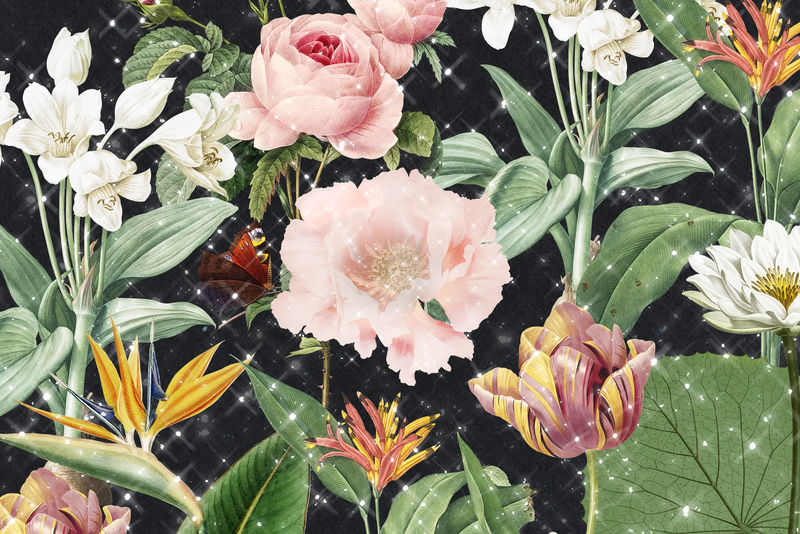 手绘热带花卉背景为闪闪发光