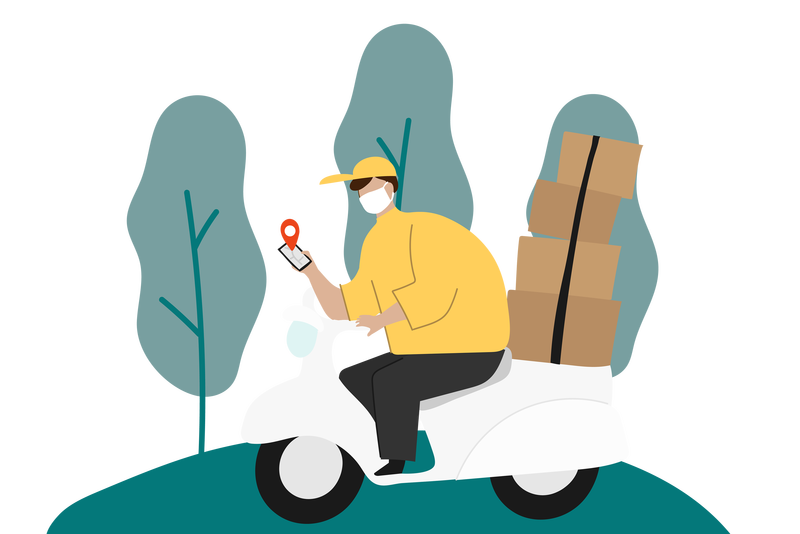 送货员在一辆摩托车上用包裹箱检查客户位置地图透明png