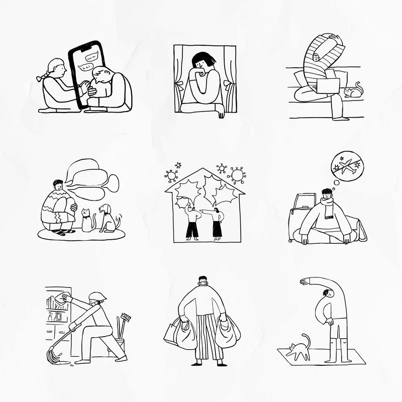 冠状病毒危机期间的社会问题涂鸦元素集载体