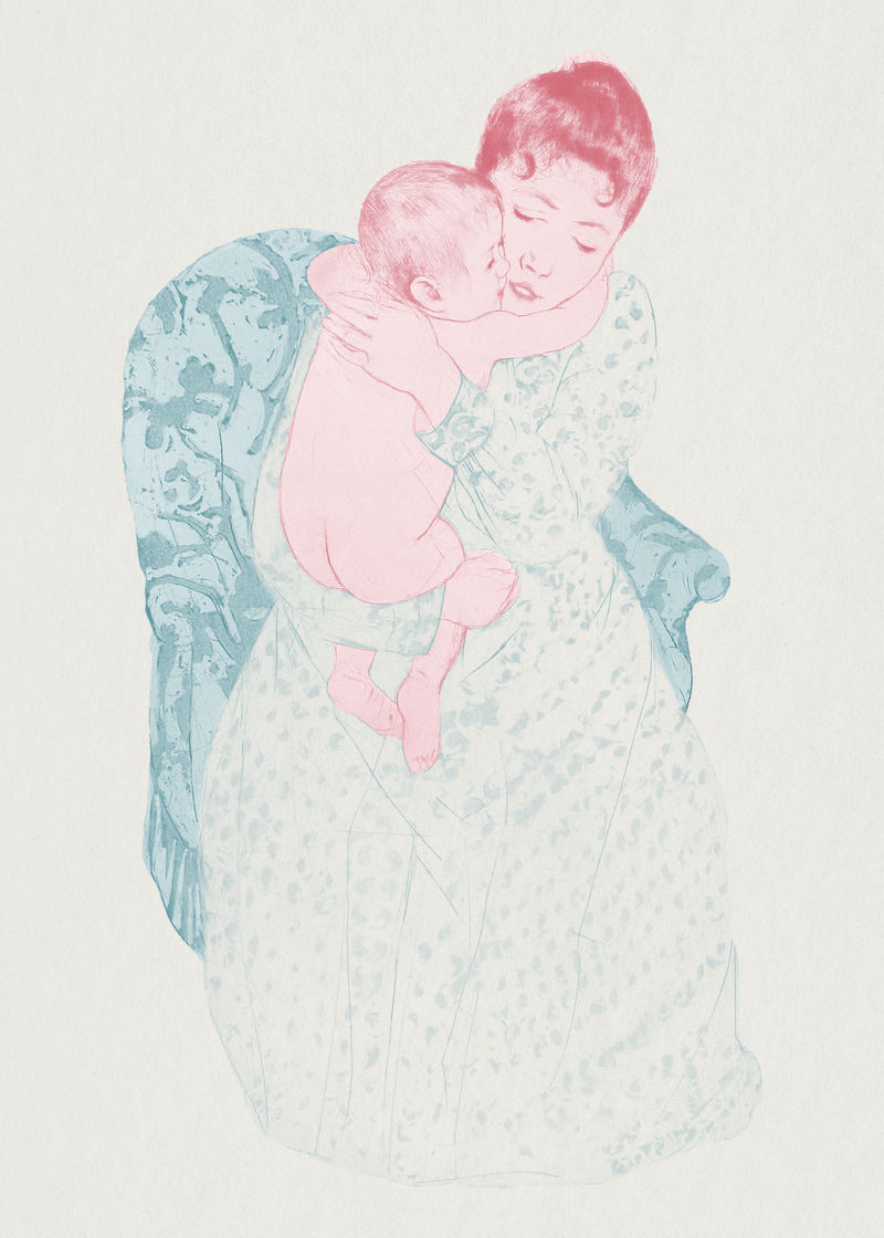 复古手绘母亲抱着她的孩子插图混合自玛丽·卡萨特的艺术作品