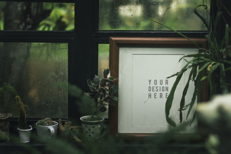窗前有室内植物的空白相框